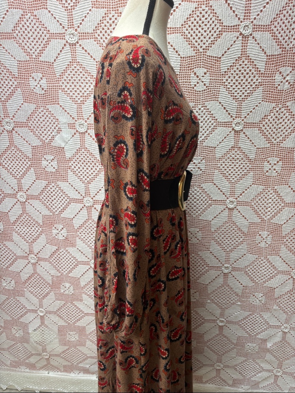 Vintage Paisley Maxi Dress Brown Red Boho Flowy One Size - Picture 8 of 10